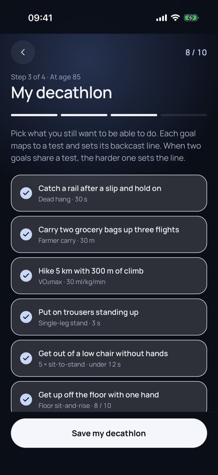 Goals screen, My decathlon: a checklist of age-85 goals such as catching a rail after a slip and carrying grocery bags up three flights.