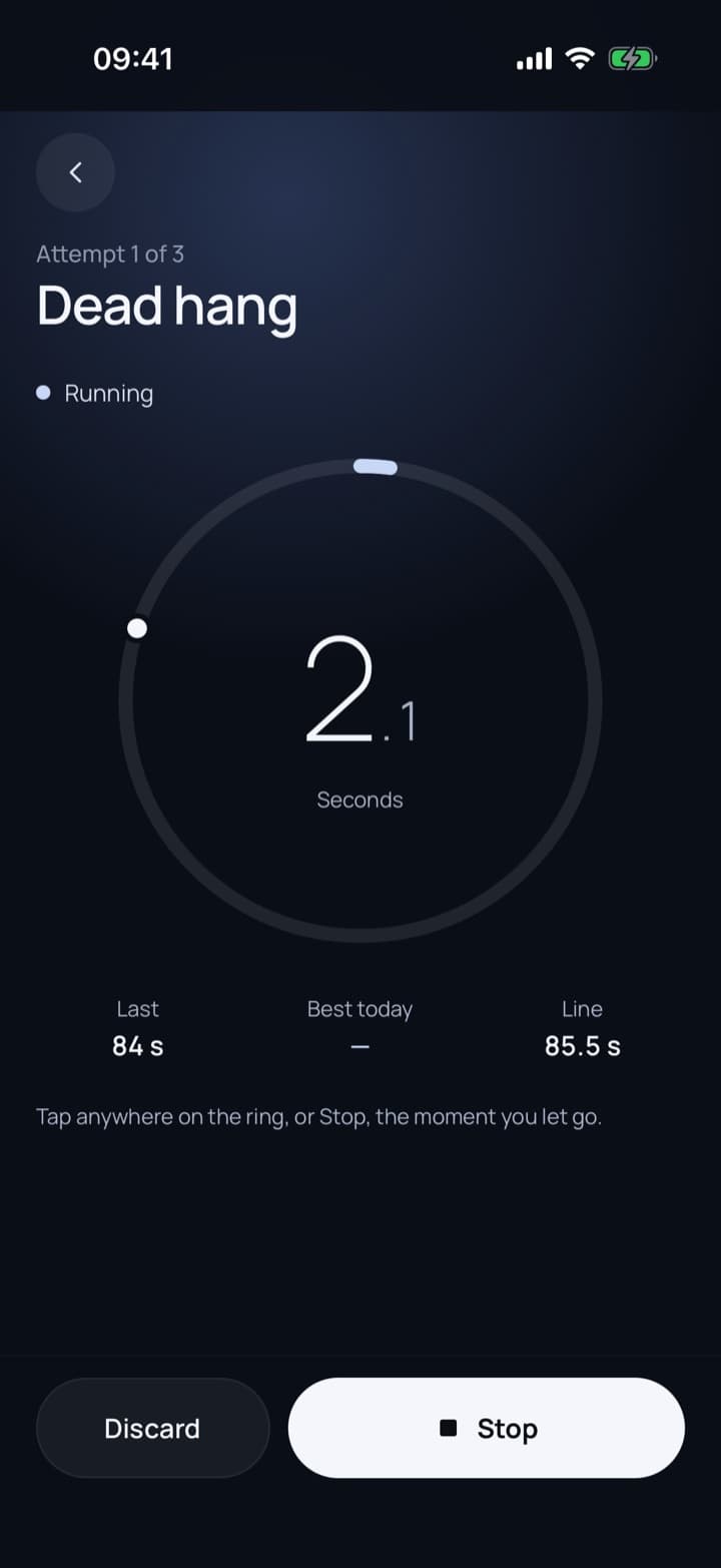 Timer screen: a large ring timer for a dead hang attempt, with last result, best today and the line.