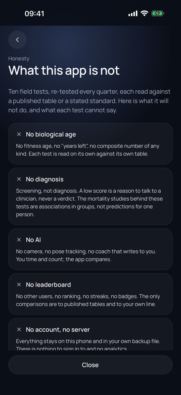 What this app is not: no biological age, no diagnosis, no AI, no leaderboard, no account, at most three notifications a quarter.